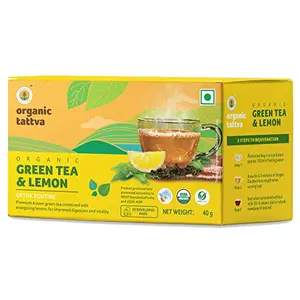 Organic Tattva Organic Green Tea Lemon - 20 Tea Bags | All Natural Flavour Zero Calories - Boosts Metabolism & Reduces Waist