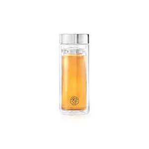 Dancing Leaf Viajero Glass Tea Travel Tumbler With Removable Stainless Steel Infuser | Heat Resistant Double Walled Borosilicate Glass | Anti - Spill Lid |Perfect For Having Tea On-The-Go | Capacity - 350ml