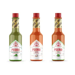 PEERO HOT Sauce Chilli Garlic + Mexican CULANTRO + Mint (Pack of 3 Bottle) (60 gm X 3 = 180 gm) | Non GMO | No Added Sugar| 100% Veg | Use with Pizza Chicken Wings Salads & Snacks.