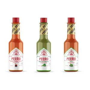 PEERO HOT Sauce Chilli RED Cherry Pepper + Mint + Mexican CULANTRO (Pack of 3 Bottle) (60 gm X 3 = 180 gm) | Non GMO | No Added Sugar| 100% Veg | Use with Pizza Chicken Wings Salads & Snacks.