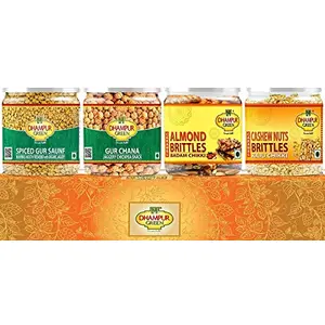 Dhampure Speciality Dry Fruits Chikki Snacks Gift Box Set - Gur Chana Gur Saunf Almonds Dry Fruits Brittle and Cashews Dry Fruits Brittle Chikki Sugar Free Breakfast Healthy Gur Snacks Gift for Family Resealable Pet Jars 850g