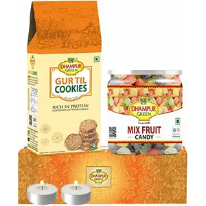 Dhampure Speciality Cookies Candy Biscuit Gift Box Hampers - Til Jaggery Gur Cookies and Mix Fruits Candy No Added Preservatives Diwali Gift Hamper for Family Kids 500 grams