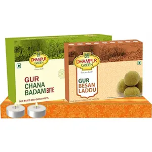 Dhampure Speciality Sweets Mithaai Gift Box Hampers - Gur Chana Badam Bite and Gur Besan Laddu Laddo Laduu Sweets Diwali Gift Box for Family Friends No Chemical Sugar Free No Sulphur and No Added Preservatives Natural Sweets 800 grams