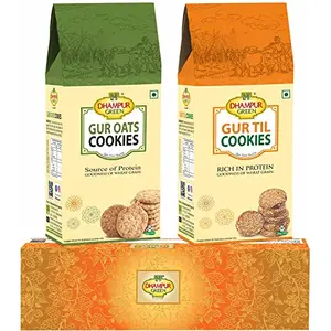 Dhampure Speciality Cookies Biscuit Gift Pack Hamper - Jaggery Oats Cookies & Gur Til Cookies Bakery Biscuit without Sugar Sugar Free Natural Jaggery Gur Cookies Diwali Gift Box Hamper 400gram