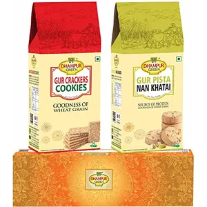 Dhampure Speciality Cookies Biscuit Gift Pack Hamper - Jaggery Cracker Cookies & Gur Pista Nan Khatai Bakery Biscuit without Sugar Sugar Free Natural Gur Cookies Diwali Gift Box Hamper 400gram