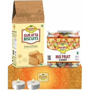 Dhampure Speciality Cookies Biscuit Gift Box Hampers - Atta Jaggery Gur Cookies and Mix Fruits Candy No Chemical Sugar Free No Sulphur and Added Preservatives Diwali Gift Box Hamper for Family Friend and Kids 500 grams