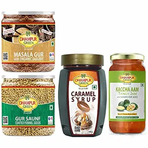 Dhampure Speciality Healthy Snacks Pack Gur Saunf Meethi Fennel Seeds Gur Masala for Chai Kaccha Mango Aam Jam for Bread Toast Roti and Caramel Syrup for Cake Coffee Popcorn & Baking 1.3Kgs
