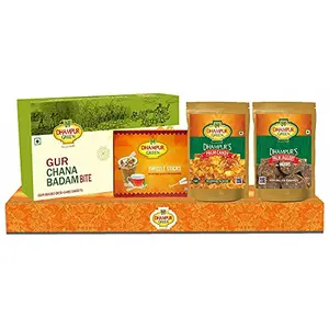 Dhampure Speciality Indian Sweets Mithaai Gift Box Hamper - Gur Chana Badam Bite Palm Candy Palm Jaggery and Sugar Swizzel Sticks 780g