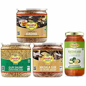 Dhampure Speciality Healthy Snacks Pack Gur Saunf Meethi Fennel Seeds Gur Masala for Chai Kaccha Mango Aam Jam for Bread Toast Roti and Kadha Herbal Tea Immunity against Cough Cold Fever 1.05Kgs