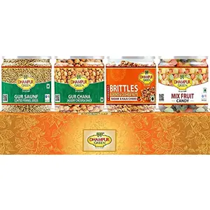 Dhampure Speciality Dry Fruits Brittle Snacks Gift Box Set - Gur Chana Gur Saunf Mix Fruits Candy and Almonds & Cashews Dry Fruits Brittle Resealable Pet Jars 950g