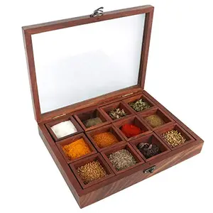 WOOD ART Wooden Masala box and spoon with 12 Containers  Spice jar for kitchen Transparent Glass top Multipurpose storage Box