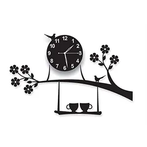Vivah 3D Acrylic Tree Bird Coffee Cup On Plastic Jhula Design Wall Clock for Living Room (Black)