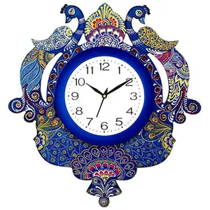 Murli Handicrafts Wooden Handpainted Antique Peacock Designer Wall Clock for Living Room (Multicolour)