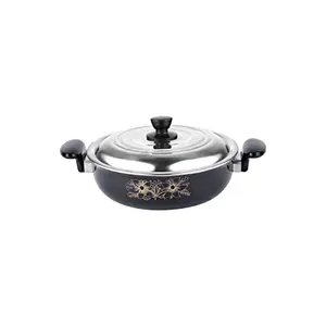 Kashvi Black Non Stick Kadai with lid & heavy bottom base | Induction Friendly Cookware | Ceramic Hard Anodized | Useful for deep or light frying and cooking | Cook and Serve | Made of Cast Iron | Size : Big