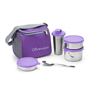 SOPL-OLIVEWARE SOPL-Oliveware Milano Lunch Box | 3 Stainless Steel Containers and Sipper | with Steel Spoon | School College & Office | Insulated Fabric Bag | Leak Proof | Full Meal & Easy to Carry (Purple)