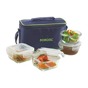 Borosil Glass Universal Lunch Box Set of 4 (2pcs 320 ml sqr + 2pcs 240 ml Rnd) Microwave Safe Office Tiffin