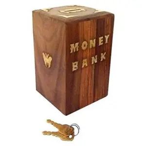 Antique Wooden Money Bank Square Shape Coin Bank | Piggy Bank for Kids & Adults with Lock | Money Saving Box Decorative Return Gifts for All (Brown