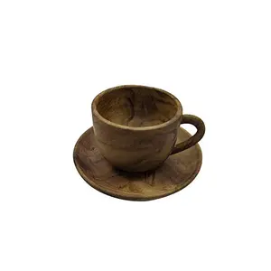 Handmade Mango Wooden Tea Cup or Soup with Plate for Serving Soups Coffee Brown Green Tea