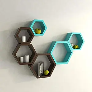Hexagon Shape Set of 6 Floating Wall Shelves (Blue & Brown)