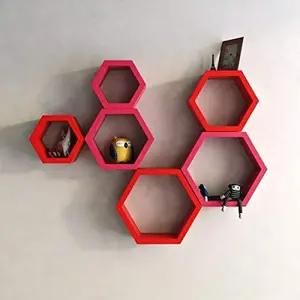 MDF Hexagon Shape Floating Wall Shelves - Set of 6 (Red & Pink)