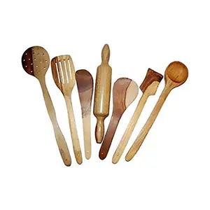Multipurpose Serving and Cooking Spoon Set for Non Stick Spoon for Cooking Baking kitchen tools Essentials Wooden Non Stick Spatulas  Ladles Mixing and turning with Rolling Pin Belan Handmade Wooden Serving and Cooking Spoon Kitchen Utensil 6 Spoon & 1 Ro