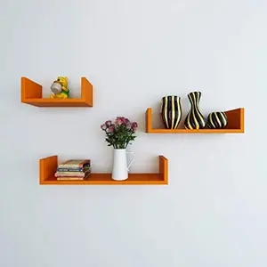 MDF Handmade Home Decor U-Shaped Wall Rack Shelf/Book Shelf - Pack of 3 Orange