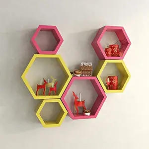 Hexagon Shape Set of 6 Floating Wall Shelves (Yellow & Pink)