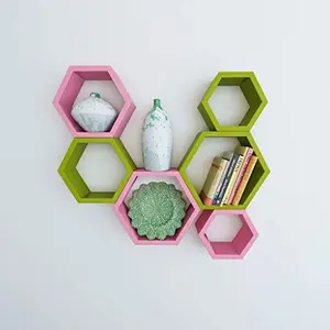 MDF Hexagon Shape Floating Wall Shelves - Set of 6 (Pink & Green)