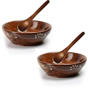 Wooden Fancy Soup and Salad Bowls and Spoons (10x10x5 cm) - Set of 2