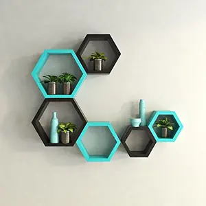 Hexagon Shape Set of 6 Floating Wall Shelves (Black & Blue)