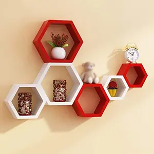 Hexagon Shape Set of 6 Floating Wall Shelves (White & Red)