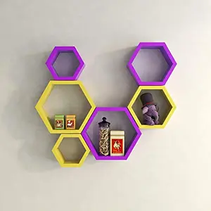 MDF Hexagon Shape Floating Wall Shelves - Set of 6 (Yellow & Purple)