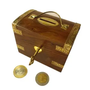 Wooden Chest Shape Coin Piggy Bank for Kids and Adults with Lock Brown