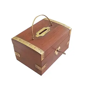 Antique Wooden Money Bank Chest Shape Coin Bank with Brass Hand Work | Piggy Bank for Kids & Adults with Lock | Money Saving Box Decorative Return Gifts For All ( Brown ) Size (LxBxH-4x4x5) Inch