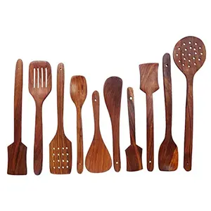 Wooden Non Stick Multipurpose Serving and Cooking Spoon (Brown)-Set of 10