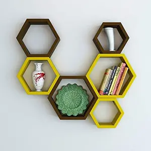 MDF Hexagon Shape Floating Wall Shelves - Set of 6 (Yellow & Brown)