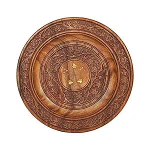 Sheesham Wood Serving Round Plate with Royal Design and Carved Brass Inlay (12 inch)