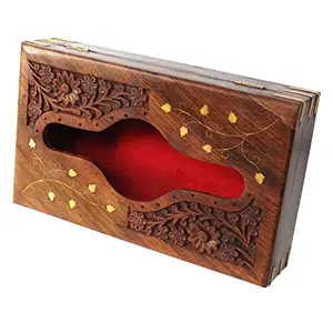 Handmade Wooden Tissue Box Napkin Holder Cover with Brass Inlay & Velvet Interior 10 x 6 Inches Handcrafted Sheesham Wood and Brass Tissue Box with Kashmiri Carving and Brass Inlay Work