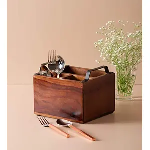 Wooden Cutlery Holder Spoon Stand with Black Handles for Dining Table or Restaurants | Sheesham Wood | 7X7 Inches
