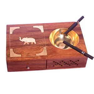 Wood Handcrafted Sheesham and Brass Container Golden Elephant Design Wooden Handmade Ashtray with Cigarette Holder/Box/Case for Home