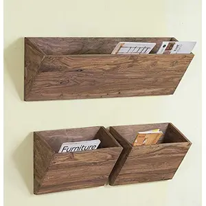Wood Sheesham Wood Wall Mount Magazine and Book Shelf Rack for Home (Natural Brown)