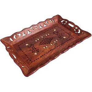 Hand Carved Wooden Decorative Serving Tray with Mughal Inspired Floral Cut Outs & Brass Inlay