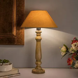 Wood Table Lamp with Golden Shade