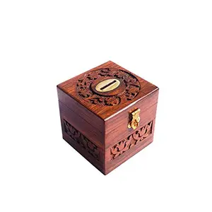 Wooden Carving All Sides Money Bank/Coin Saving Box/Piggy Bank/Gifts for Kids Girls Boys & Adults (Brown 4x4x5 Inches)