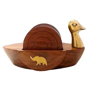 Wooden Tea Coasters Set of 6 Round Handicraft with Brass Decor