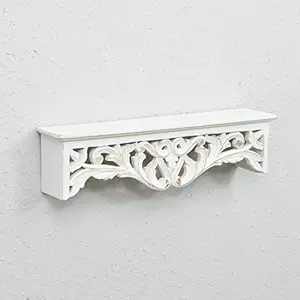 Solid Wood Flower Design Floating Shelf Wall Bracket for Living Room (White)