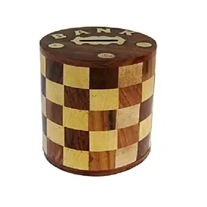 Indian Gifts Shoppee Handcrafted Antique Chess Pattern Embosed Cylendrical Shaped Wooden Currency Bank (5-inch)