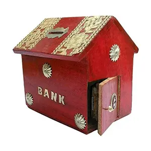 Antique Wooden Hut Shape Coin Bank (4x4x5 Inch Brown)