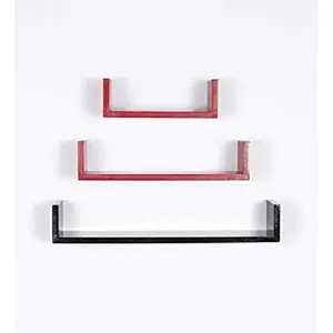 MDF Handmade Home Decor U-Shaped Wall Rack Shelf/Book Shelf - Pack of 3 Red & Black