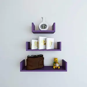 MDF Handmade Home Decor U-Shaped Wall Rack Shelf/Book Shelf - Pack of 3 Purple